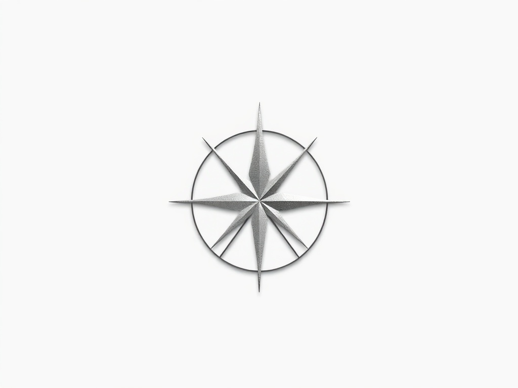 A minimalist logo mark combining an abstract leaf and a compass, clean lines, soft metallic texture, isolated on a white background, photorealistic, 8k, commercial photography style